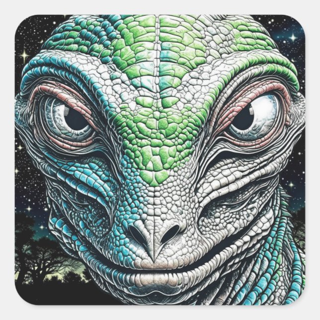 Sticker Carré Reptilian Lizard Homme Alien Extraterrestre En cou (Devant)