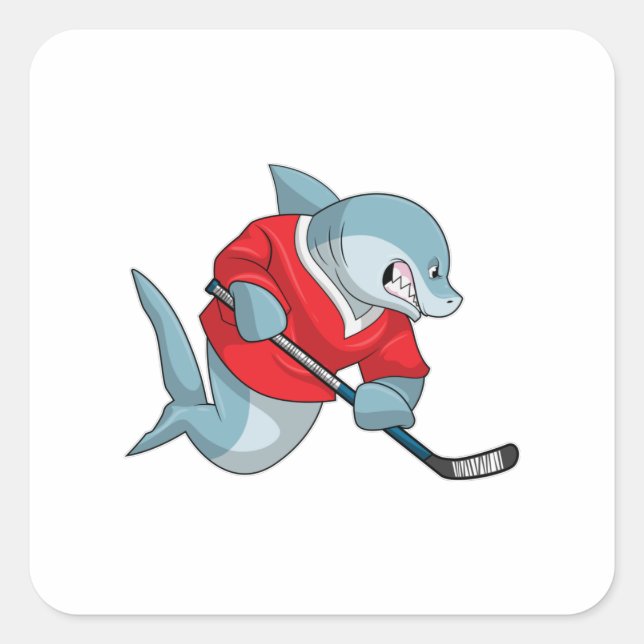 Sticker Carré Requin au hockey sur glace avec bâton de hockey su (Devant)