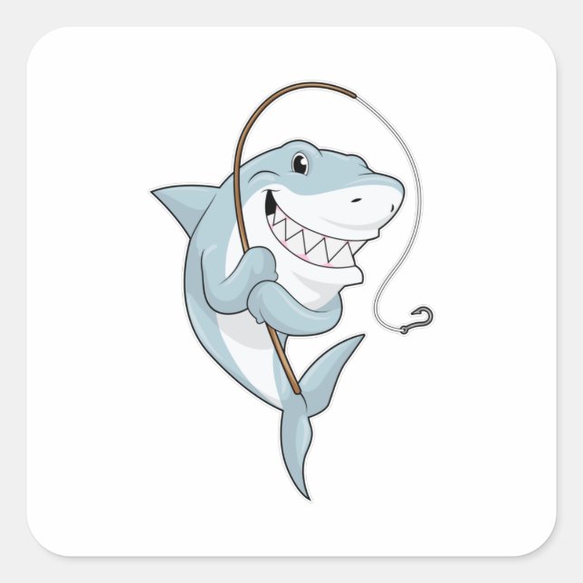 Sticker Carré Requin comme pêcheur avec canne à pêche (Devant)
