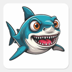 Sticker Carré Requin de dessin animé souriant nageant sous l'eau