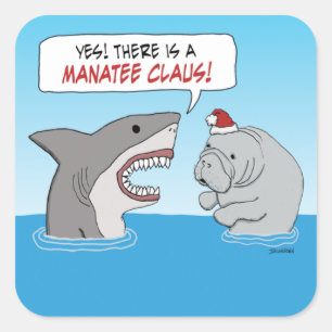 Sticker Carré Requin mignon et drôle et Manatee Claus
