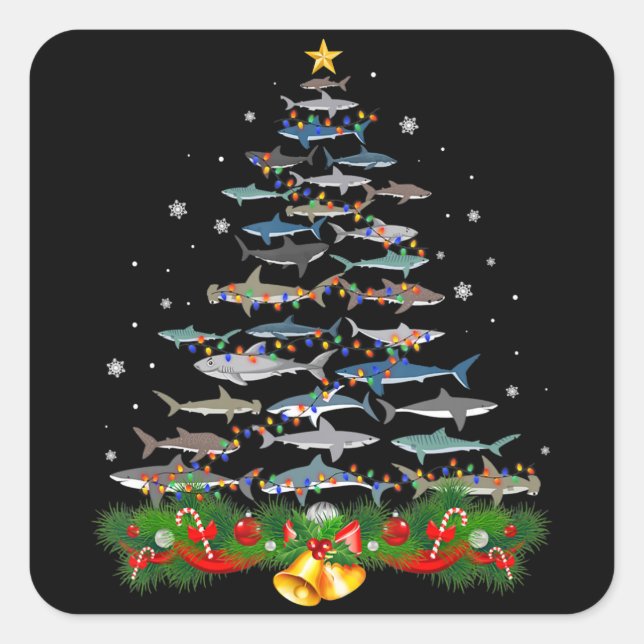 Sticker Carré Requin Noël Arbre de requin Amateurs de cadeaux (Devant)