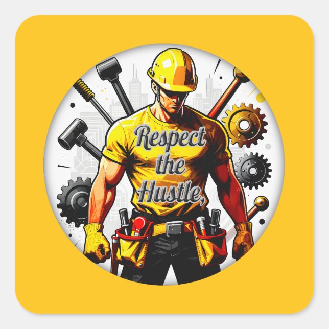 Sticker Carré Respect the Hustle Construction Worker Design – La (Devant)