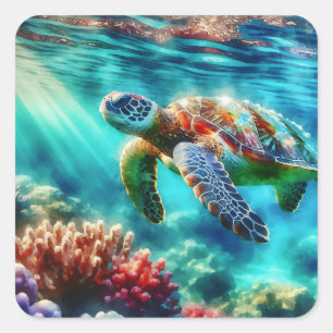 Sticker Carré Rester en contact   La natation des tortues de mer