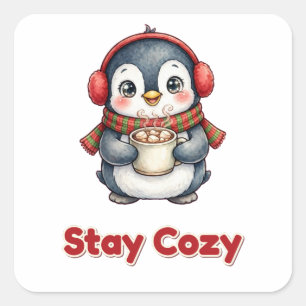 Sticker Carré Restez au chaud Pingouin Chocolat Chaud Noël Autoc