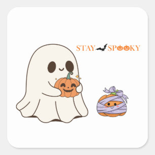 Sticker Carré Restez Éffrayant Cute Ghost & Citrouille Halloween