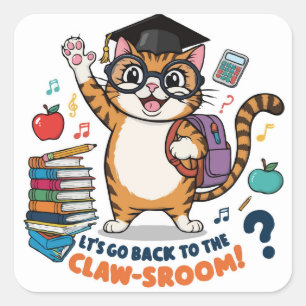 Sticker Carré Retour à l'école Chat - Décor de classe amusant
