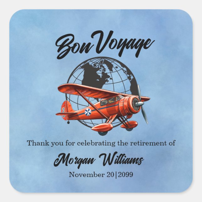 Sticker Carré Retraite Bon Voyage Voyage Globe Plane (Devant)