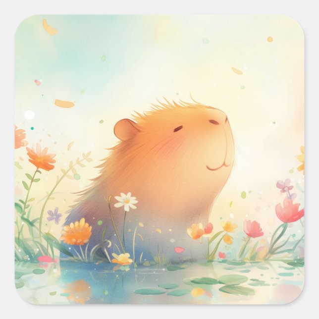Sticker Carré Retraite de l'étang aux fleurs de capybara (Devant)