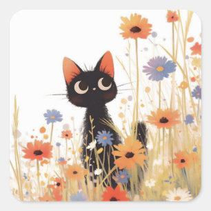 Sticker Carré Retraite des fleurs de chats noirs