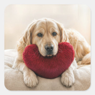 Sticker Carré Retriever doré de la Saint-Valentin avec oreiller