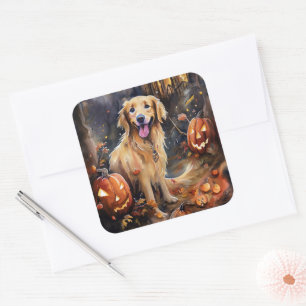Sticker Carré Retriever doré Halloween avec citrouilles effrayan
