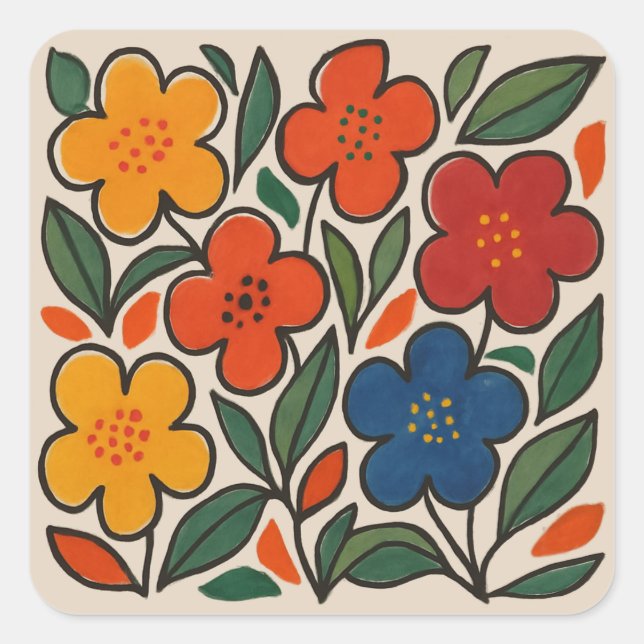 Sticker Carré Retro 1960s Style Floral Pattern (Devant)