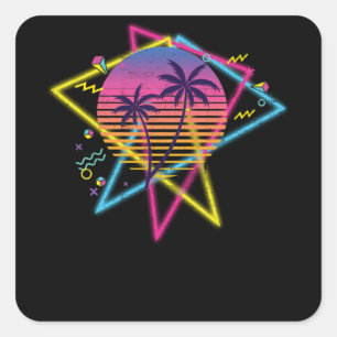 Sticker Carré Retro 1980 années 1990 Palmiers Vaporwave coucher