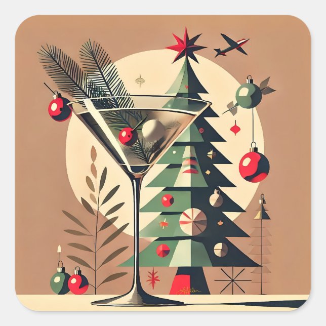 Sticker Carré Retro 50s Jet Set Noël Martini Arbre (Devant)