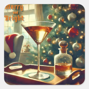Sticker Carré Retro 50s Manhattan Martini pour le Père Noël