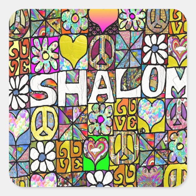 Sticker Carré Rétro 60s Psychédélique Shalom AMOUR (Devant)