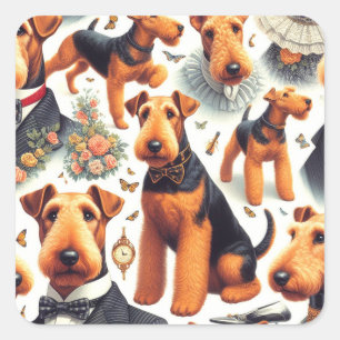 Sticker Carré Retro Airedale Terrier sans fil