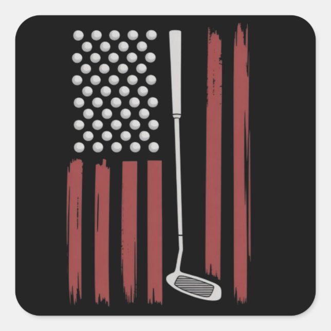 Sticker Carré Retro American Flag Golf Golfer Funny Golf Club (Devant)