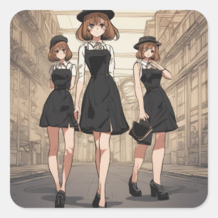 Sticker Carré Retro Anime Little Robe Noire Décor Art - Limited