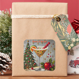 Sticker Carré Retro années 50 Cocktail de bonbons de Noël Merry