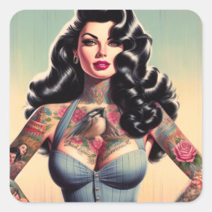Sticker Carré Retro Beauté tatoué vers le haut
