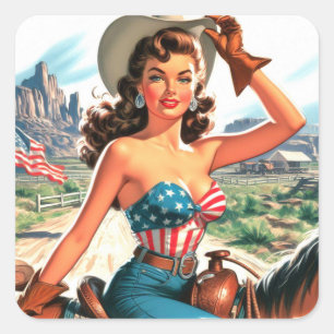Sticker Carré Retro Belle Cowgirl Pin Up