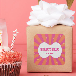 Sticker Carré Retro Besties Pink & Orange Sunburst Personalized