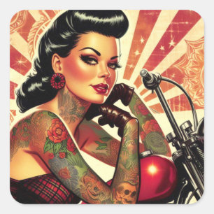 Sticker Carré Retro Biker Pin-up