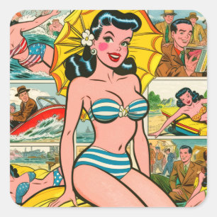 Sticker Carré Retro Bikini Girl Summer Comics