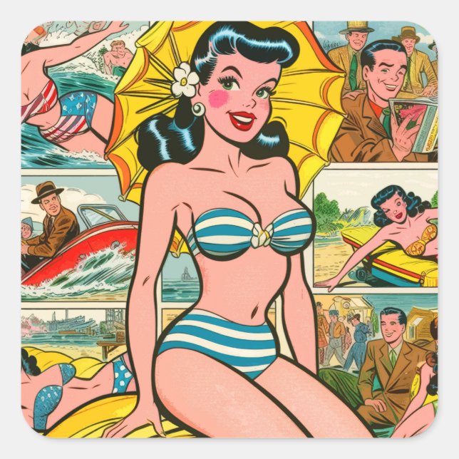 Sticker Carré Retro Bikini Girl Summer Comics (Devant)