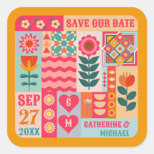 Sticker Carré Retro Boho Floral Bold & Bright Enregistrer La Dat