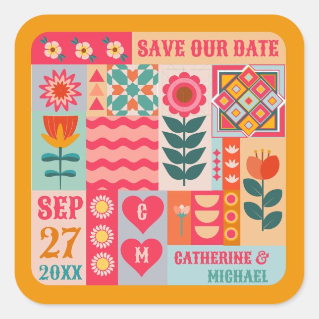 Sticker Carré Retro Boho Floral Bold & Bright Enregistrer La Dat (Devant)