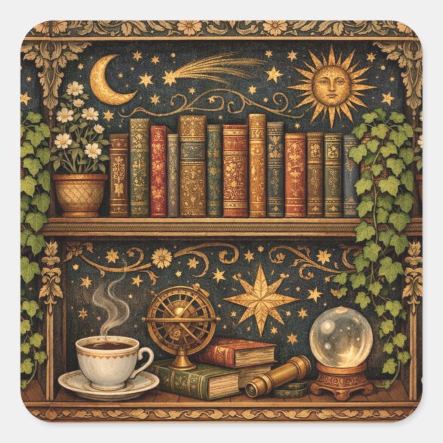 Sticker Carré Retro book shelf book lover celestial stars  (Devant)