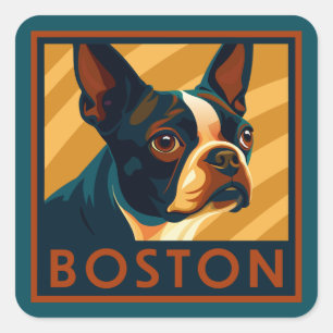 Sticker Carré Retro Boston Terrier Portrait