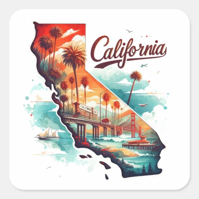 Sticker Carré Retro California USA Carte Voyage Souvenir (Devant)