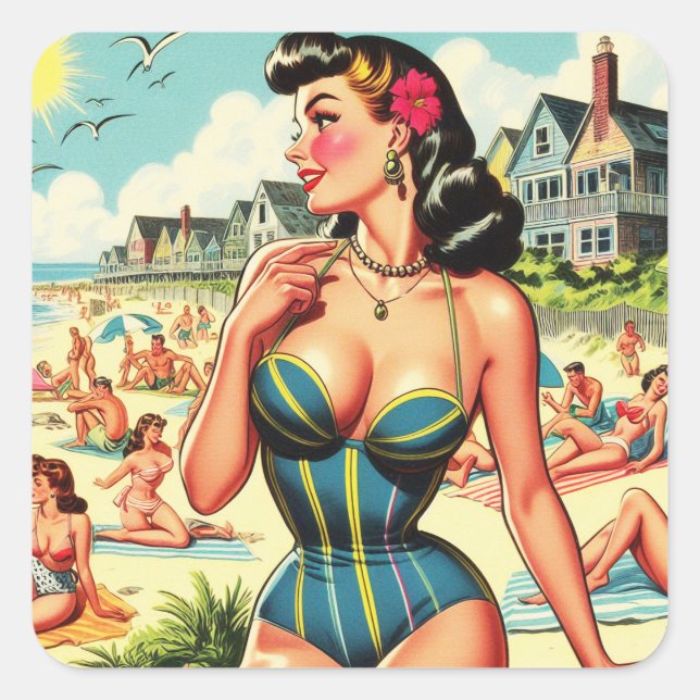 Sticker Carré Retro Classic Beach Pin Up (Devant)