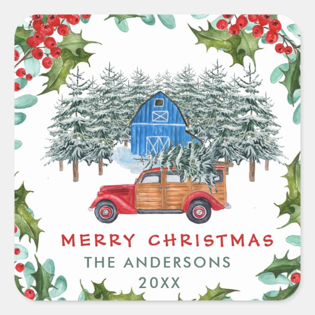 Sticker Carré Rétro Classique Rustique Joyeux Noël Camion Rouge (Devant)