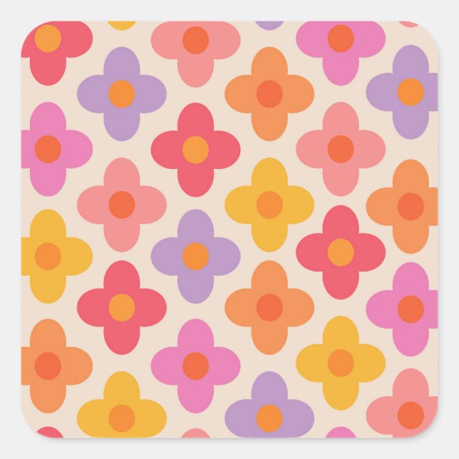 Sticker Carré Retro Colorful Hippie Mod Flowers Pattern  (Devant)
