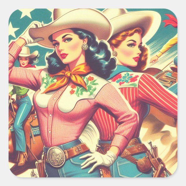 Sticker Carré Retro Cowgirls Pin-ups (Devant)