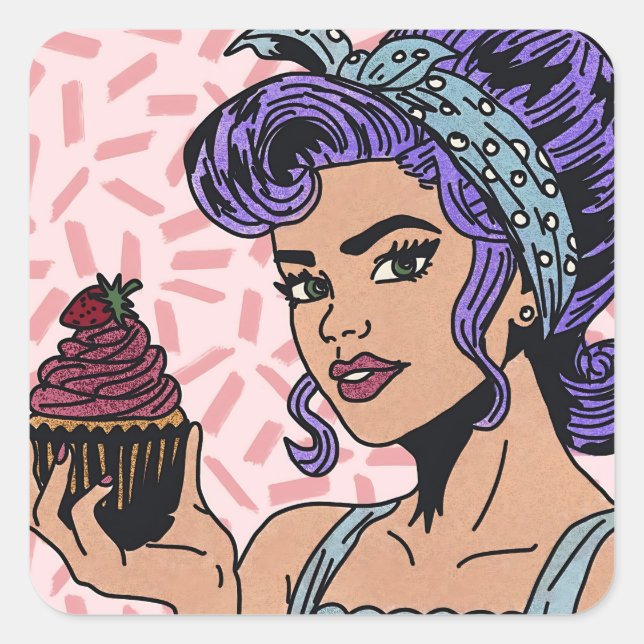Sticker Carré Retro Cupcake Pop Art Style de bande dessinée (Devant)