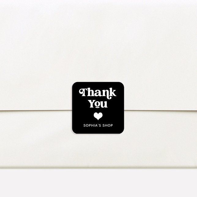 Sticker Carré Retro et Boho | Merci de marque noire (A retro and boho small business thank you sticker with a heart)