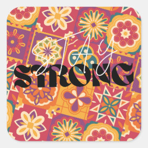 Sticker Carré Rétro floral patchwork des années 70 Restez Fort