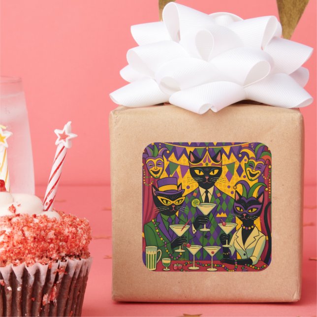 Sticker Carré Retro Futuristic Mardi Gras Black Cat Martini Club (Fête)