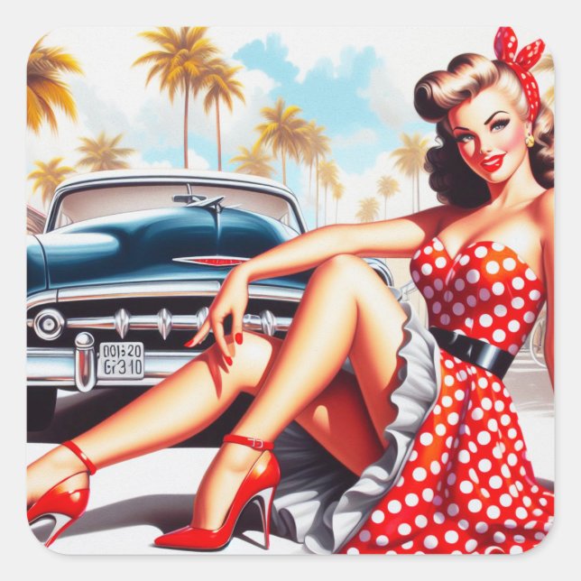 Sticker Carré Retro Girl Classic Pin Up (Devant)
