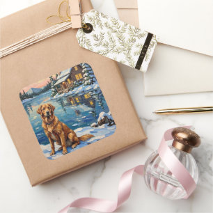 Sticker Carré Rétro Golden Retriever au Noël au bord du lac