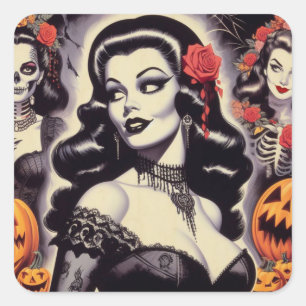 Sticker Carré Retro Halloween Goth Pin-up
