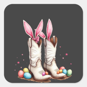 Sticker Carré Retro Howdy Easter Funny Cowboy Boots Easter Eglis