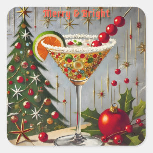 Sticker Carré Retro les années 50 Merry Bright Christmas Candy C