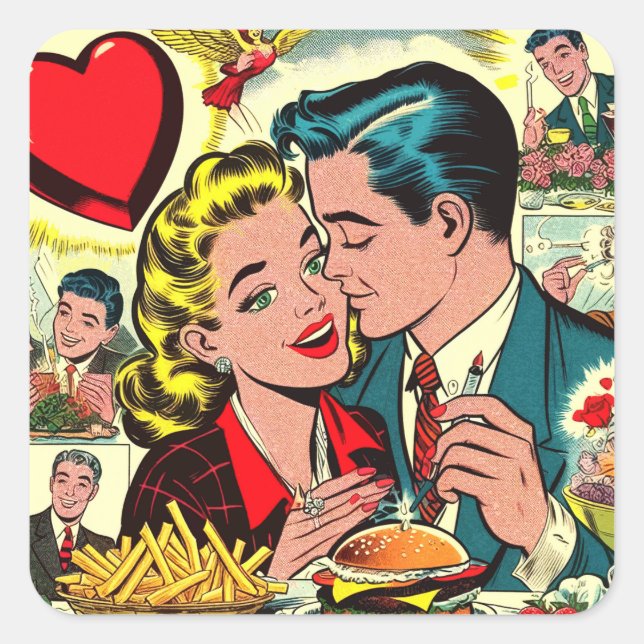 Sticker Carré Retro Love Couple Comics (Devant)